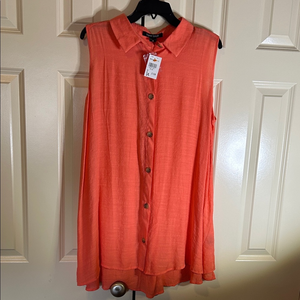 Coral Sleeveless Button-Down Blouse